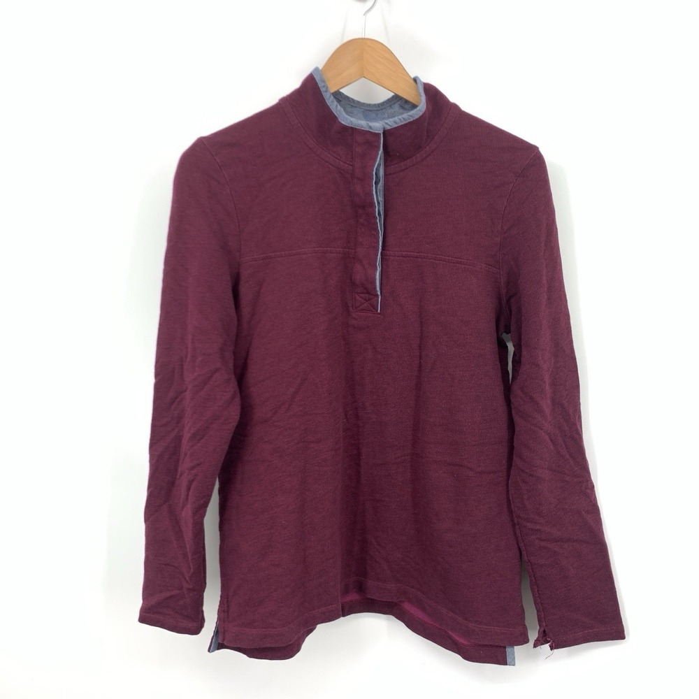 LL Bean Women Size Medium Shirt Purple 1/4 Button Pullover Top Cotton Rugby Polo